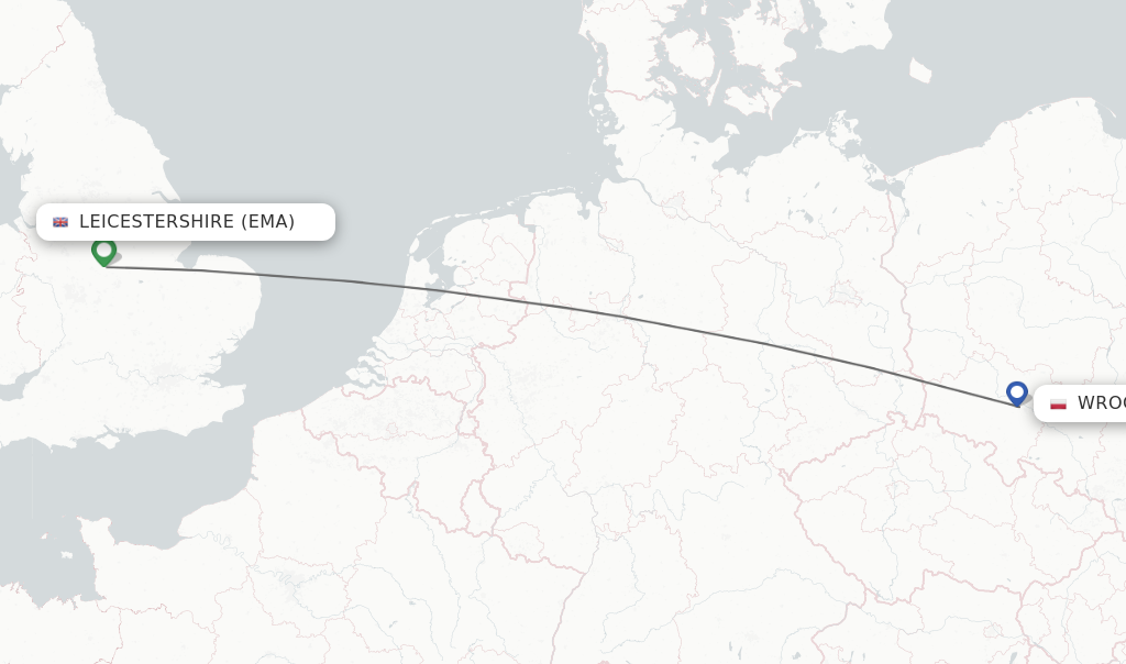 Flights from Leicestershire to Wroclaw route map