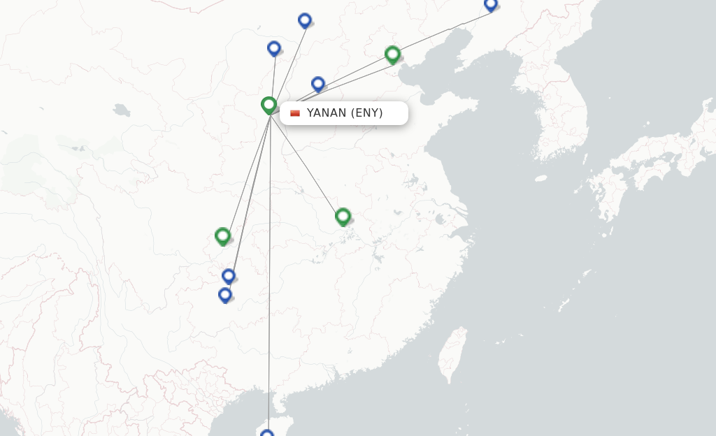 Route map with flights from Yan'an with Gestair