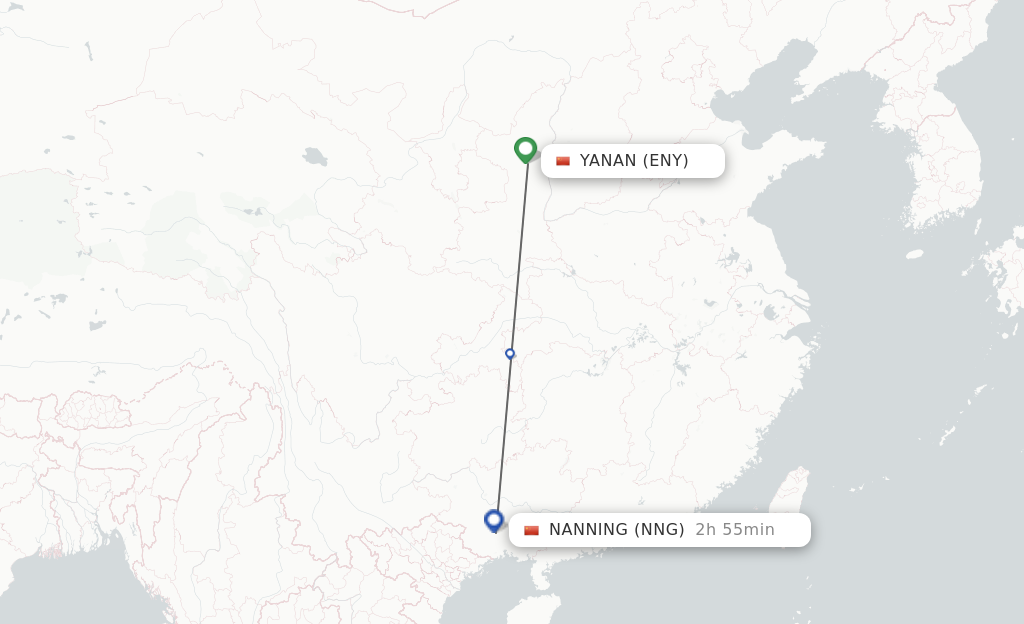 Flights from Yan'an to Nanning route map