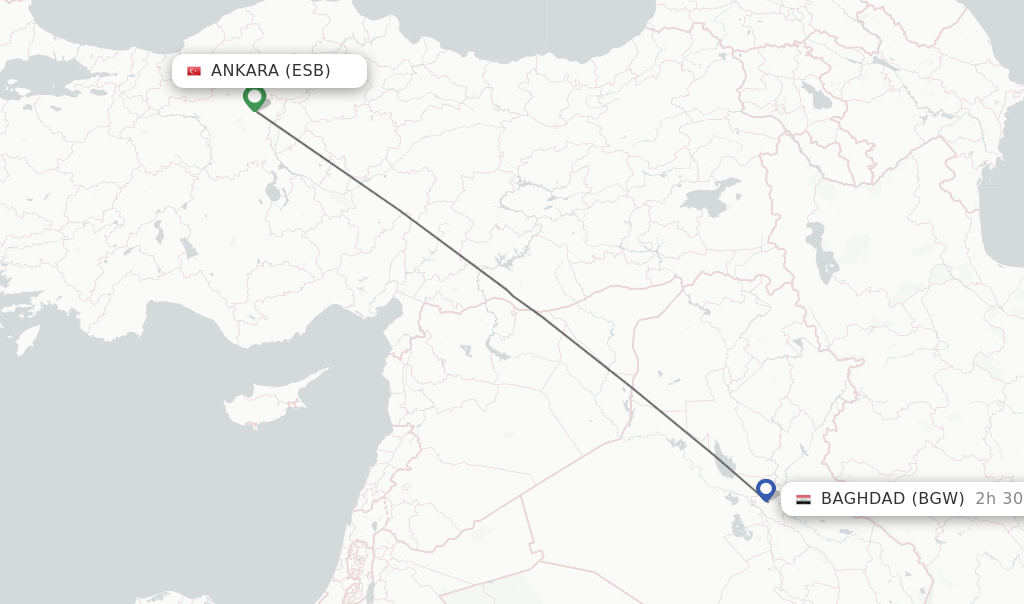 Flights from Ankara to Baghdad route map