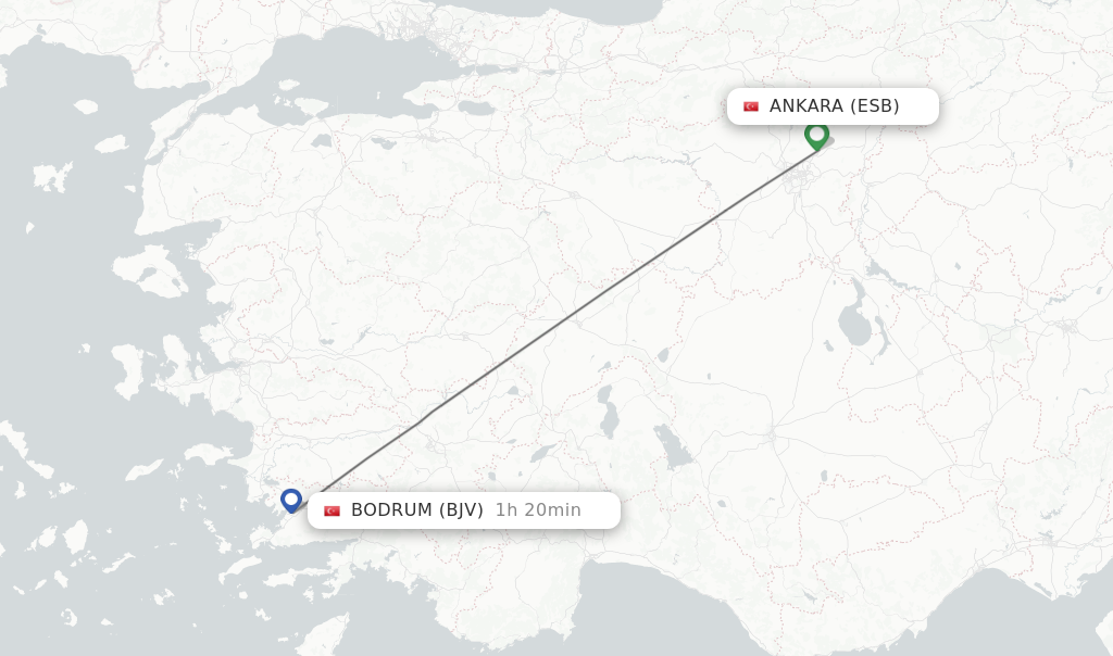 Flights from Ankara to Bodrum route map