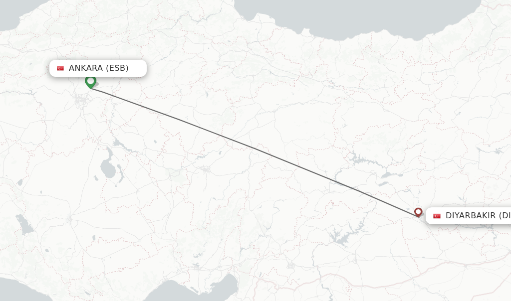 Flights from Ankara to Diyarbakir route map