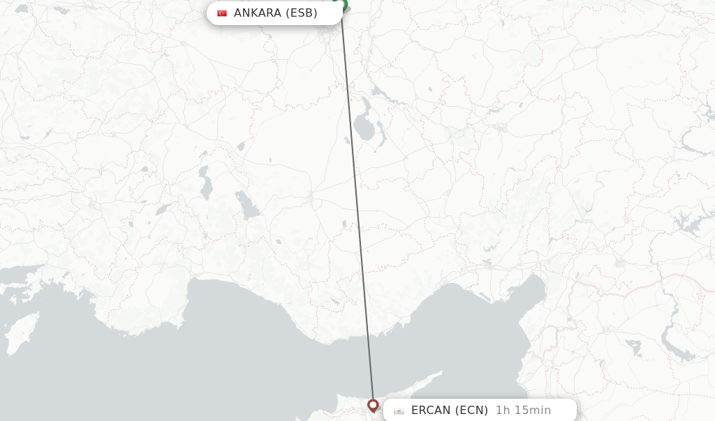 Flights from Ankara to Ercan route map