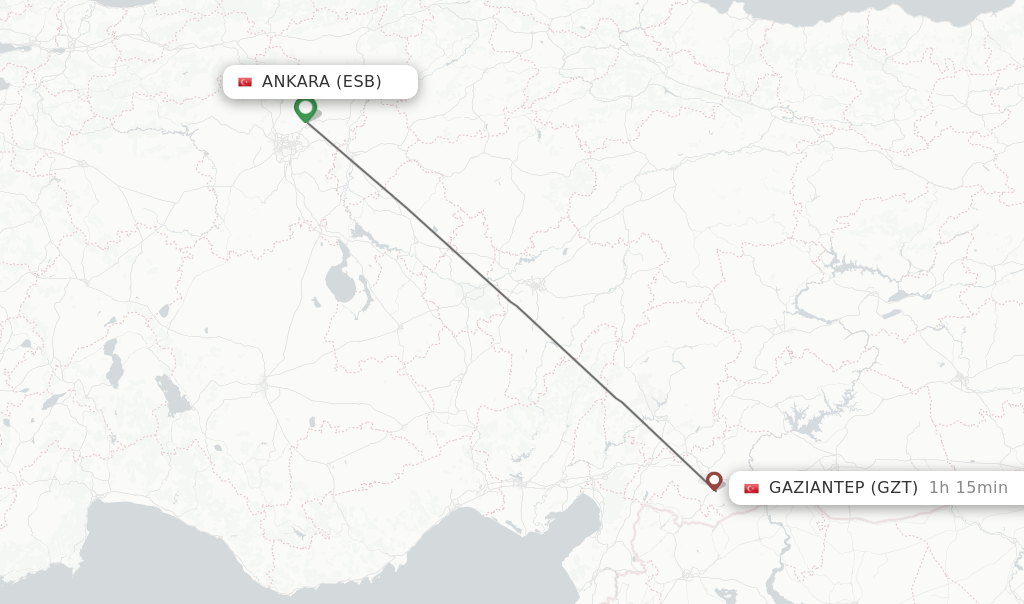 Flights from Ankara to Gaziantep route map