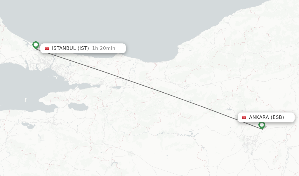 Flights from Ankara to Istanbul route map