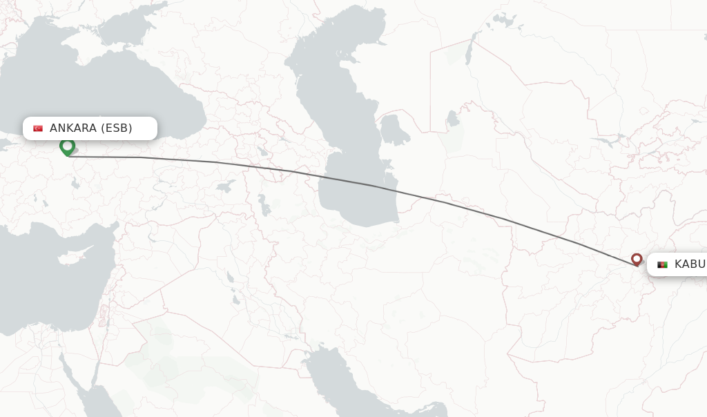 Flights from Ankara to Kabul route map