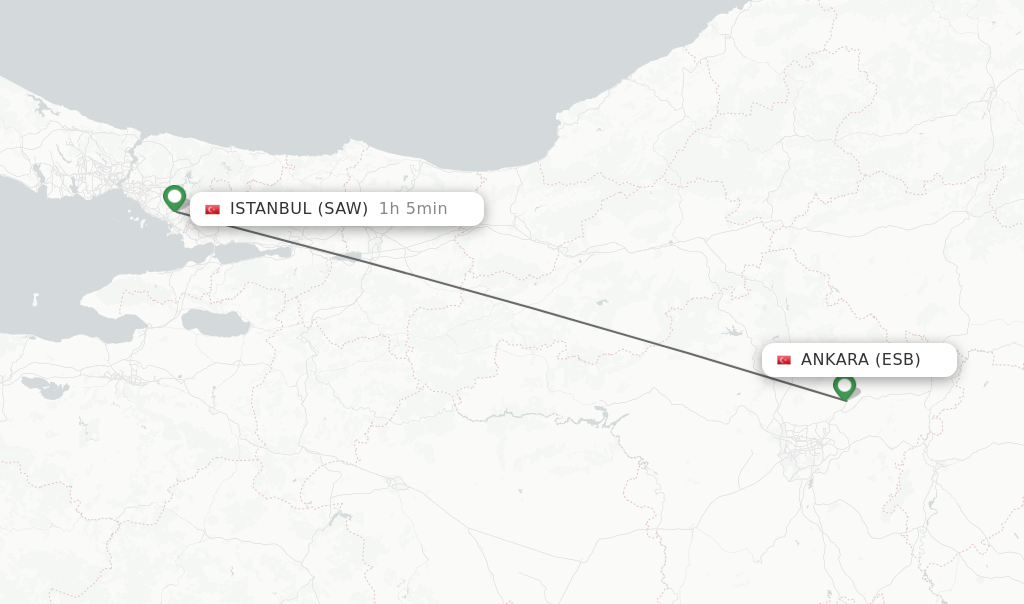 Flights from Ankara to Istanbul route map