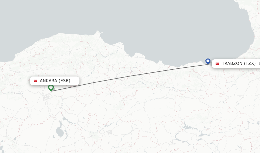 Flights from Ankara to Trabzon route map