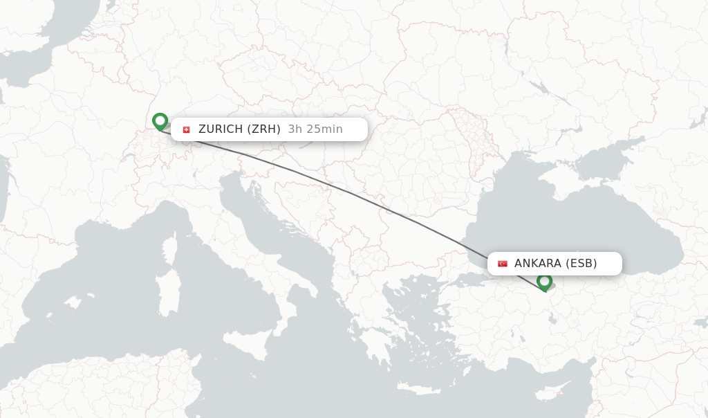 Flights from Ankara to Zurich route map