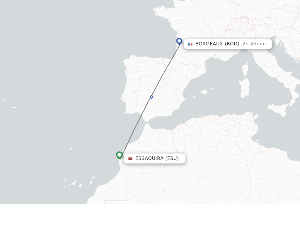 Flights from Essaouira to Bordeaux route map