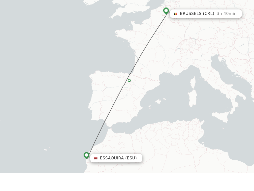 Flights from Essaouira to Brussels route map