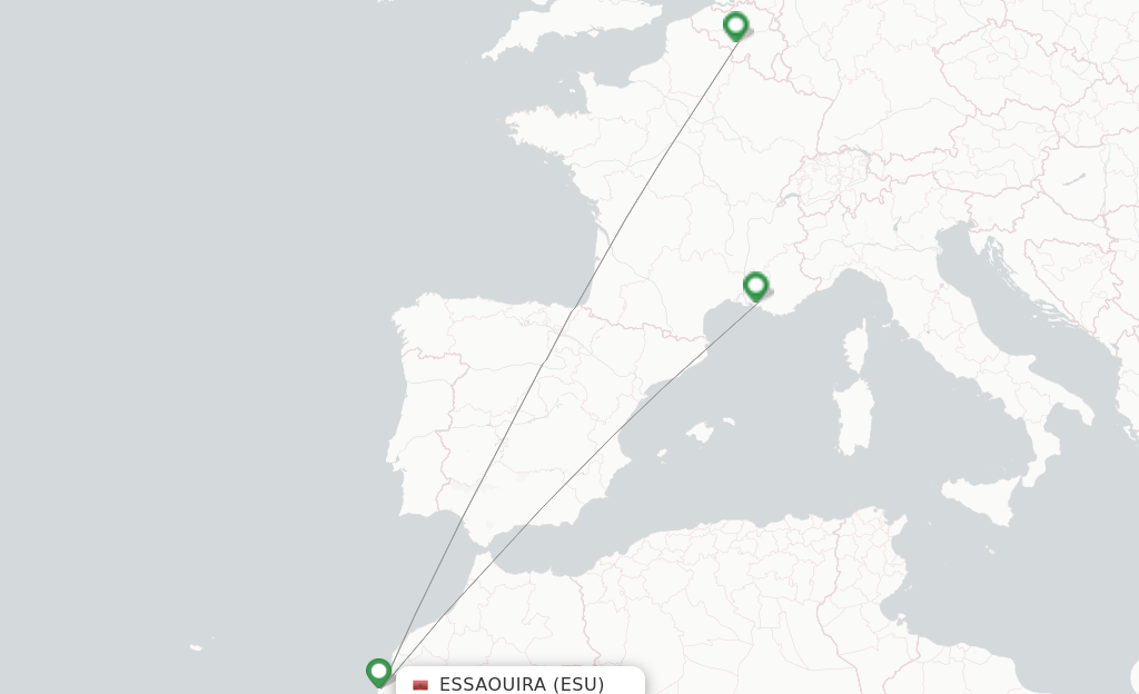 Route map with flights from Essaouira with Ryanair