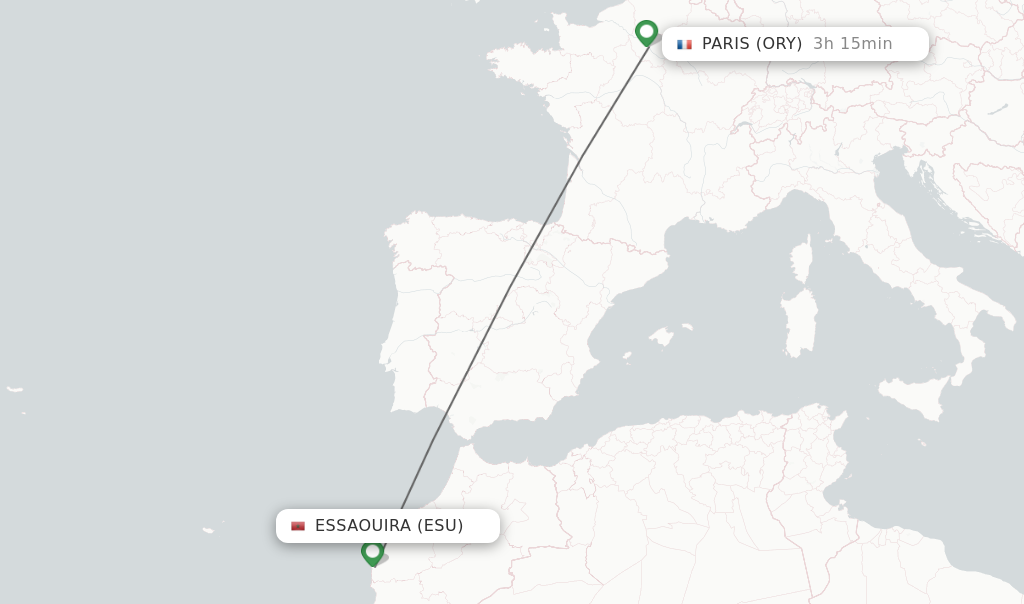 Flights from Essaouira to Paris route map