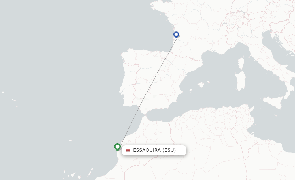 Route map with flights from Essaouira with easyJet
