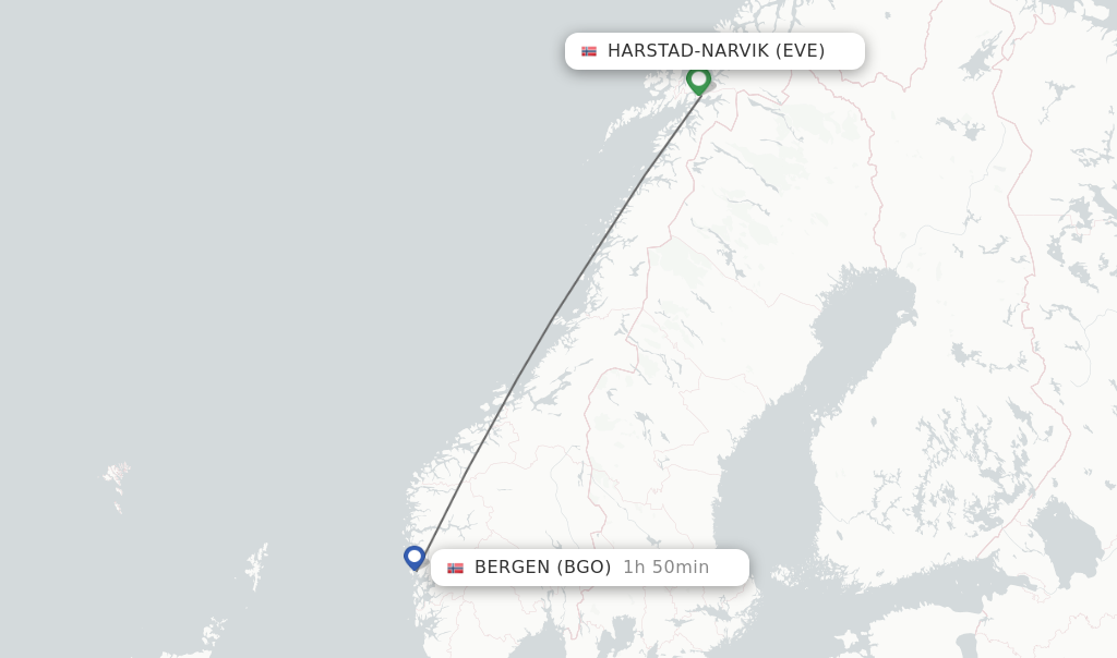 Flights from Harstad-Narvik to Bergen route map