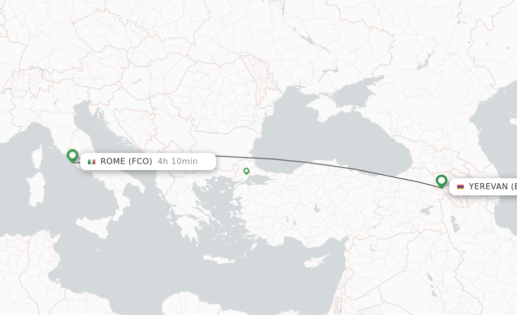 Flights from Yerevan to Rome route map