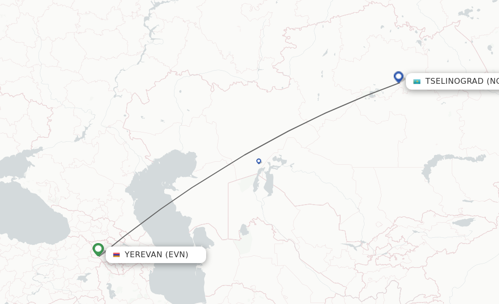 Flights from Yerevan to Astana route map