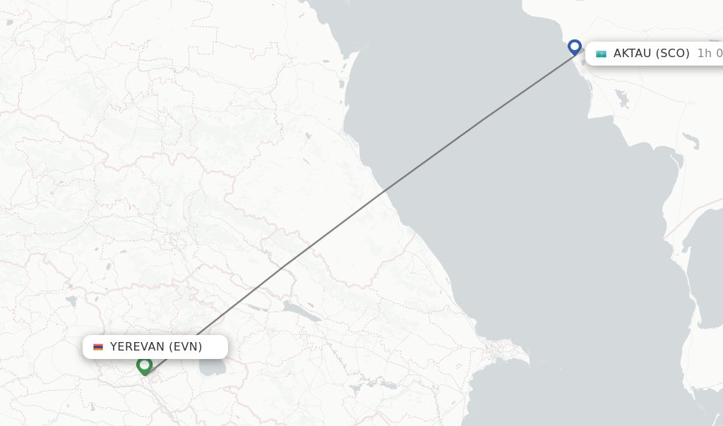 Flights from Yerevan to Aktau route map
