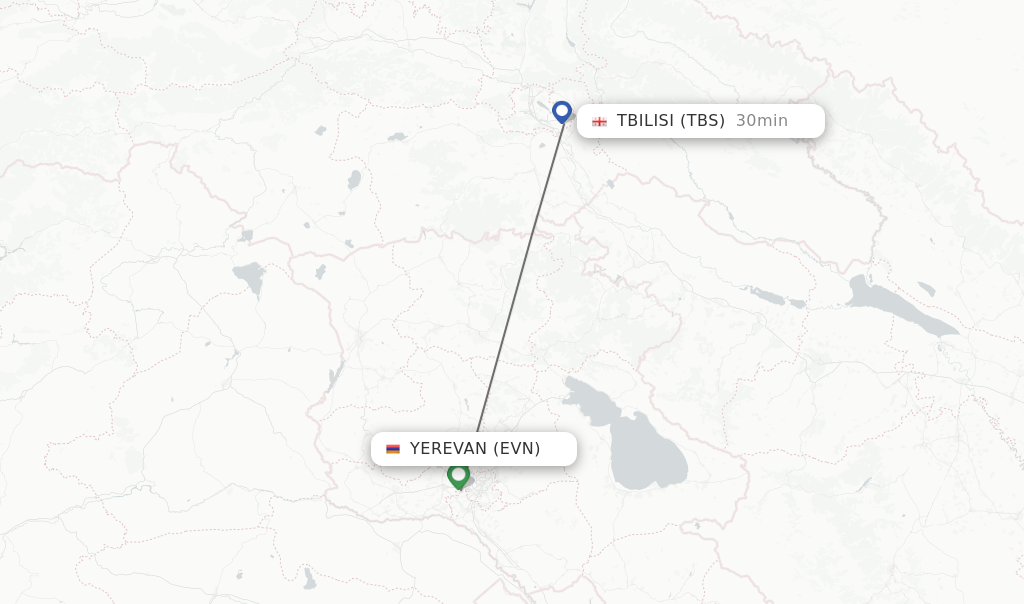 Flights from Yerevan to Tbilisi route map