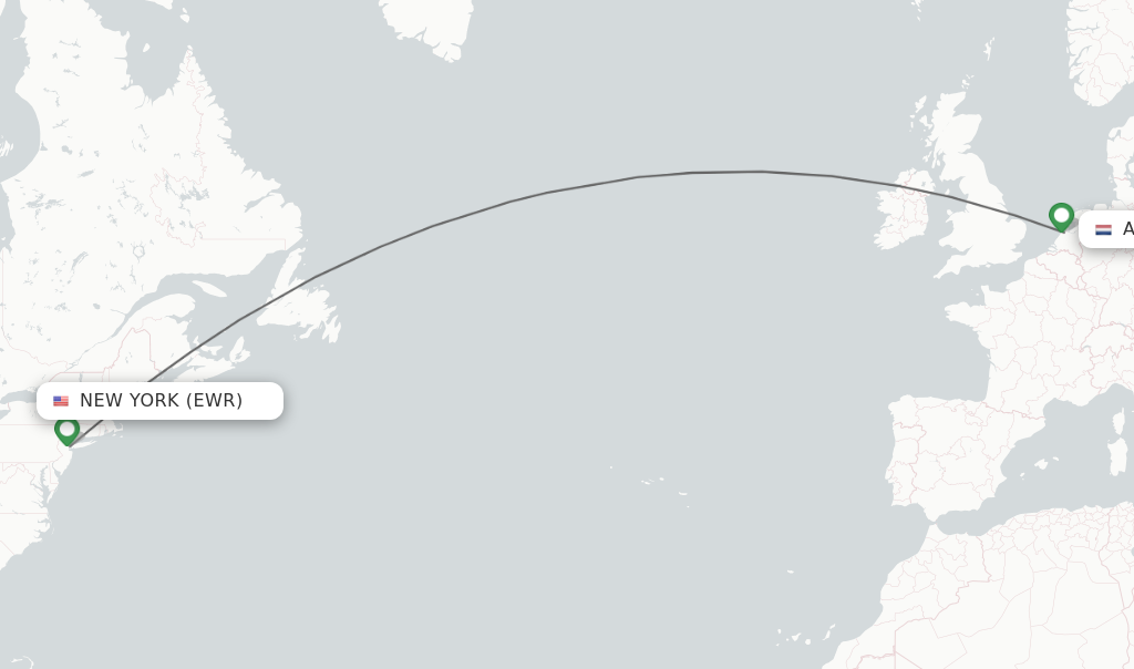 Flights from New York to Amsterdam route map