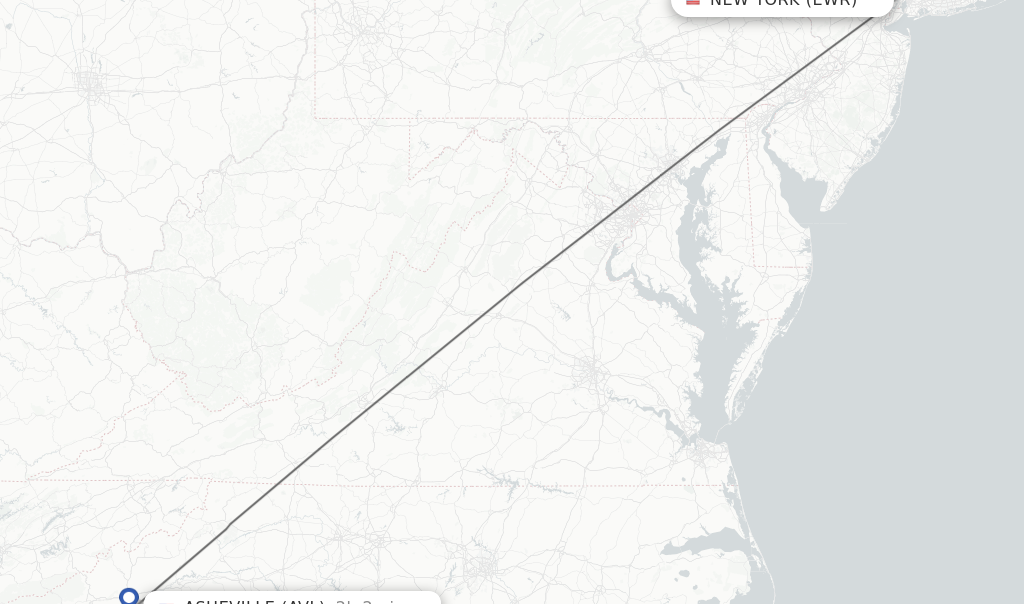 Flights from New York to Asheville route map