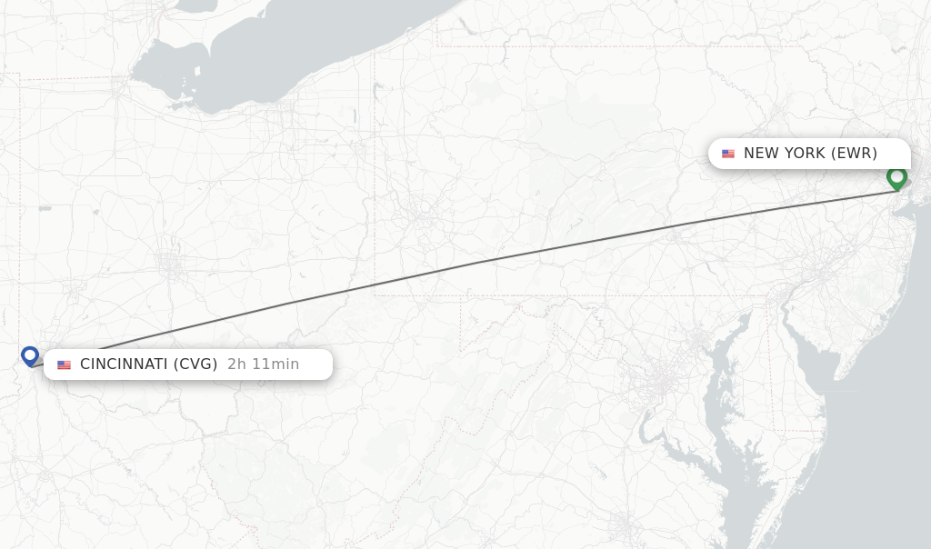 Flights from New York to Cincinnati route map