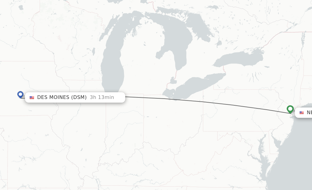 Flights from New York to Des Moines route map