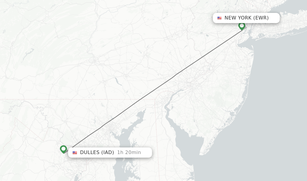 Flights from New York to Dulles route map