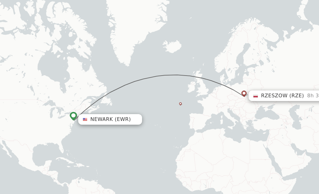 Flights from New York to Rzeszow route map