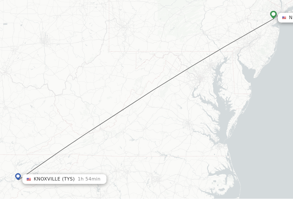 Flights from New York to Knoxville route map