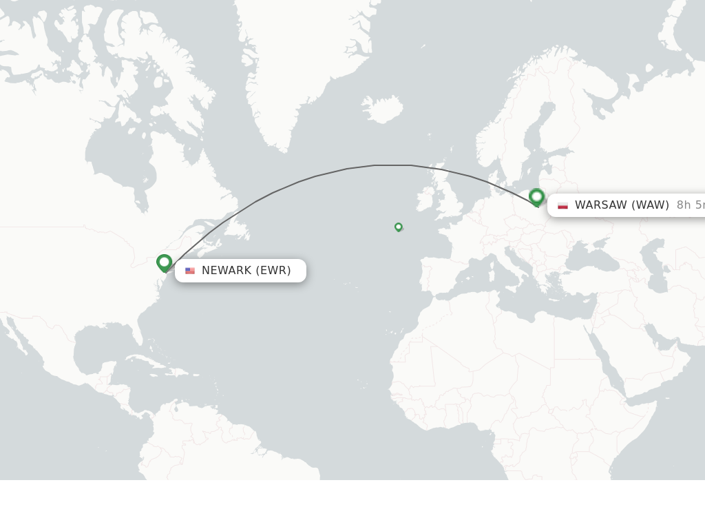 Flights from New York to Warsaw route map