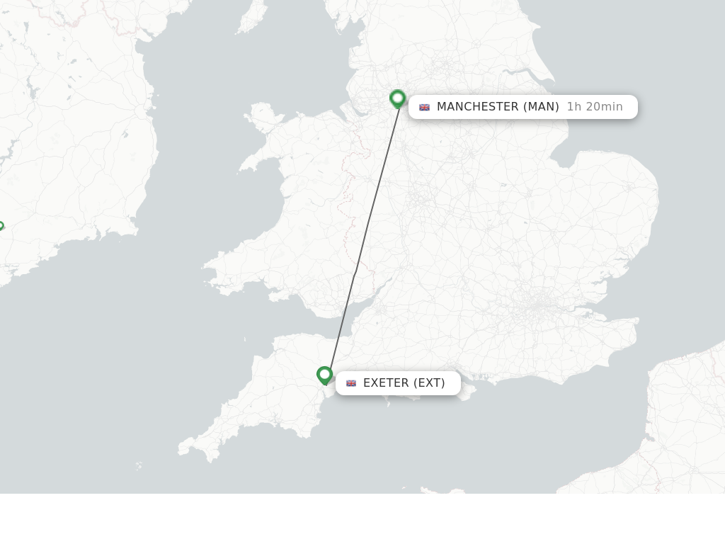 Flights from Manchester to Exeter route map