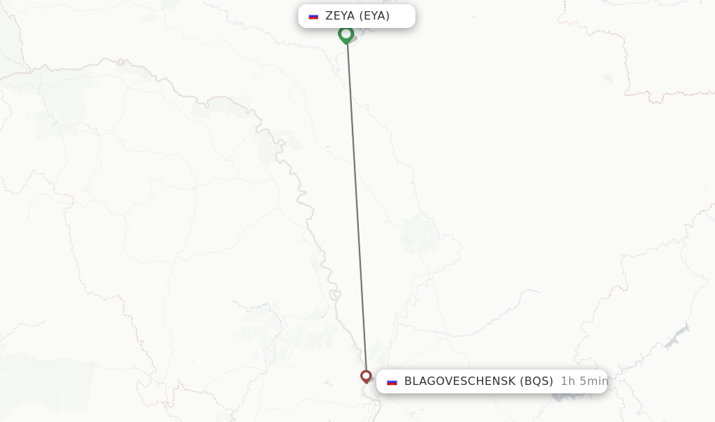 Flights from Blagoveschensk to Zeya route map