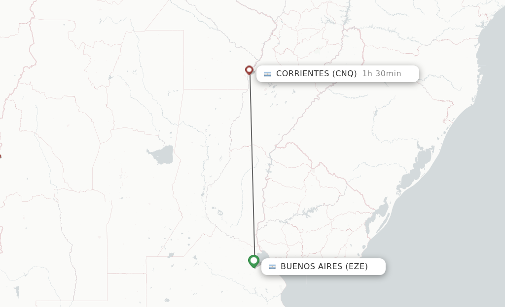 Flights from Buenos Aires to Corrientes route map