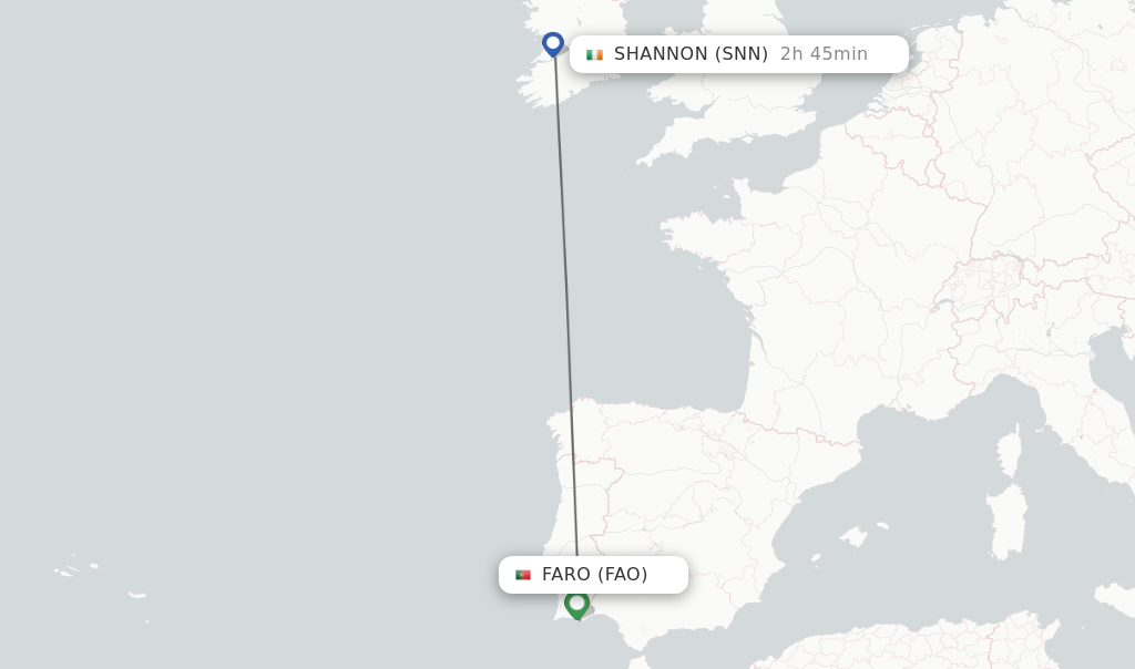 Flights from Faro to Shannon route map