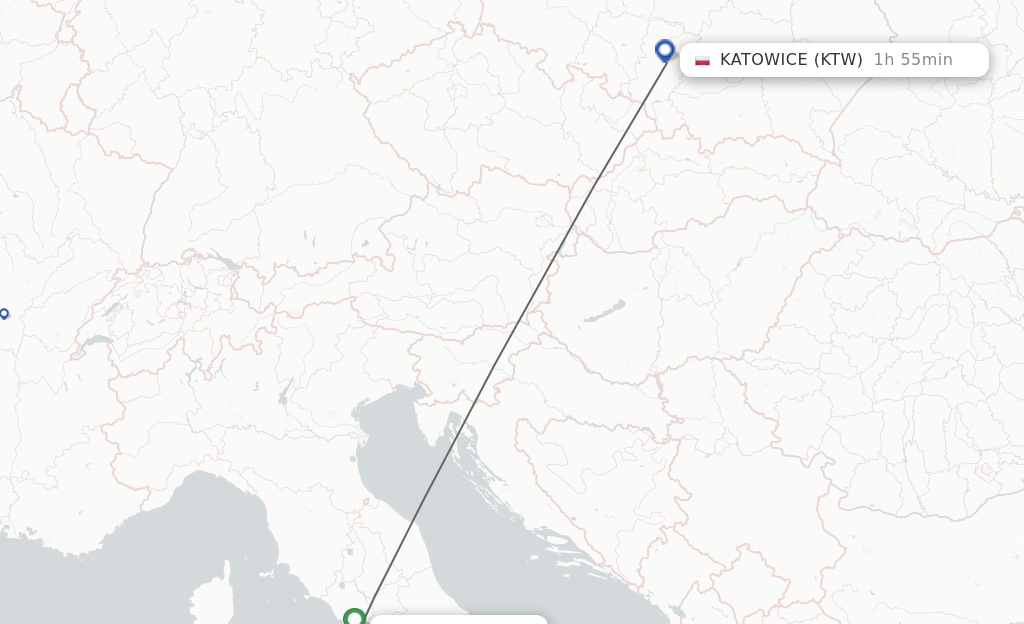 Flights from Rome to Katowice route map