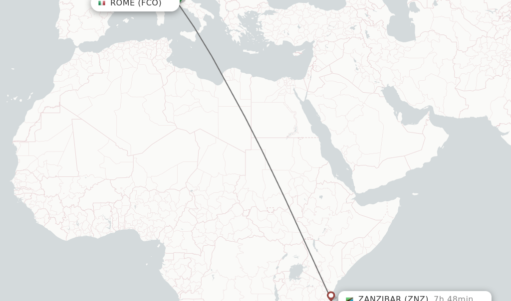 Flights from Rome to Zanzibar route map