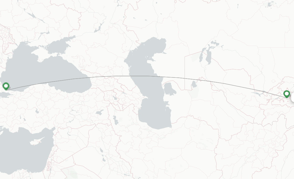 Route map with flights from Fergana with Turkish Airlines