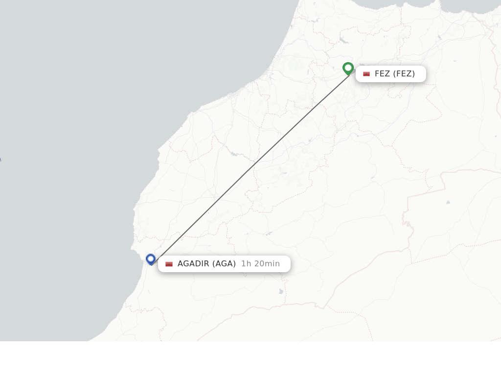 Flights from Fes to Agadir route map