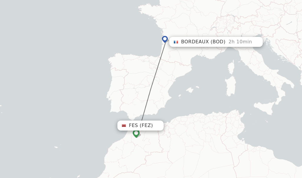 Flights from Fes to Bordeaux route map