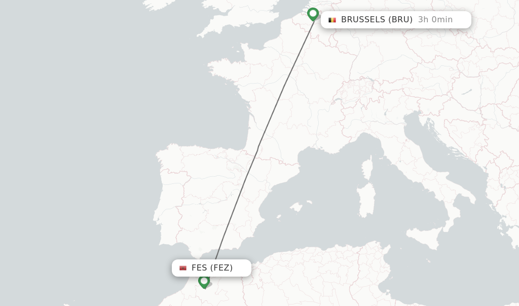 Flights from Fes to Brussels route map