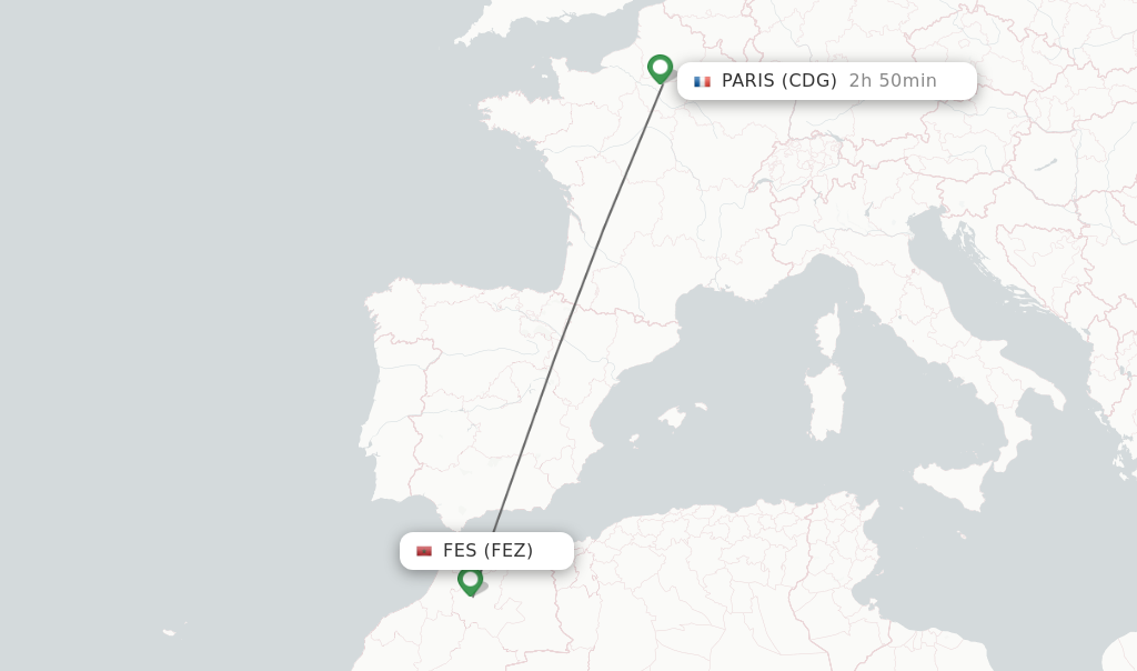 Flights from Fes to Paris route map