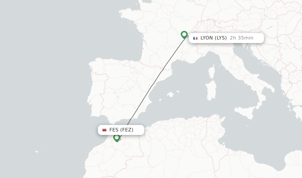 Flights from Fes to Lyon route map