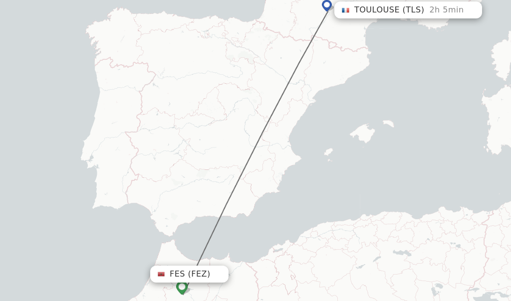 Flights from Fes to Toulouse route map