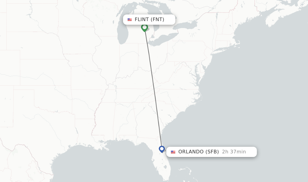 Flights from Flint to Orlando route map