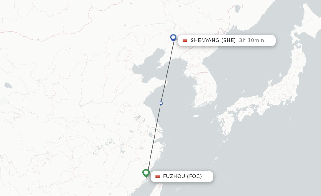 Flights from Fuzhou to Shenyang route map