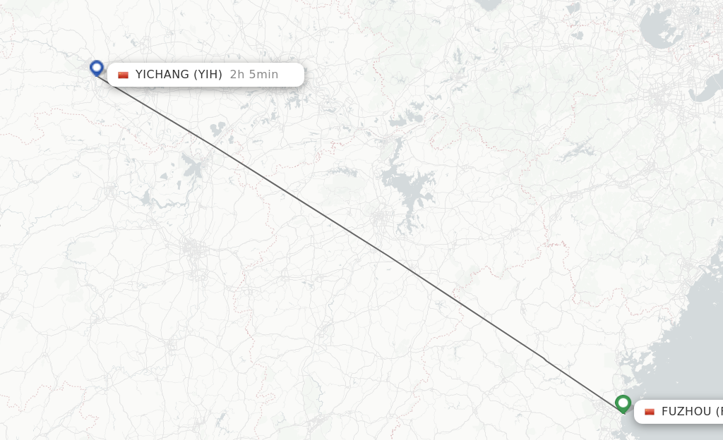 Flights from Fuzhou to Yichang route map