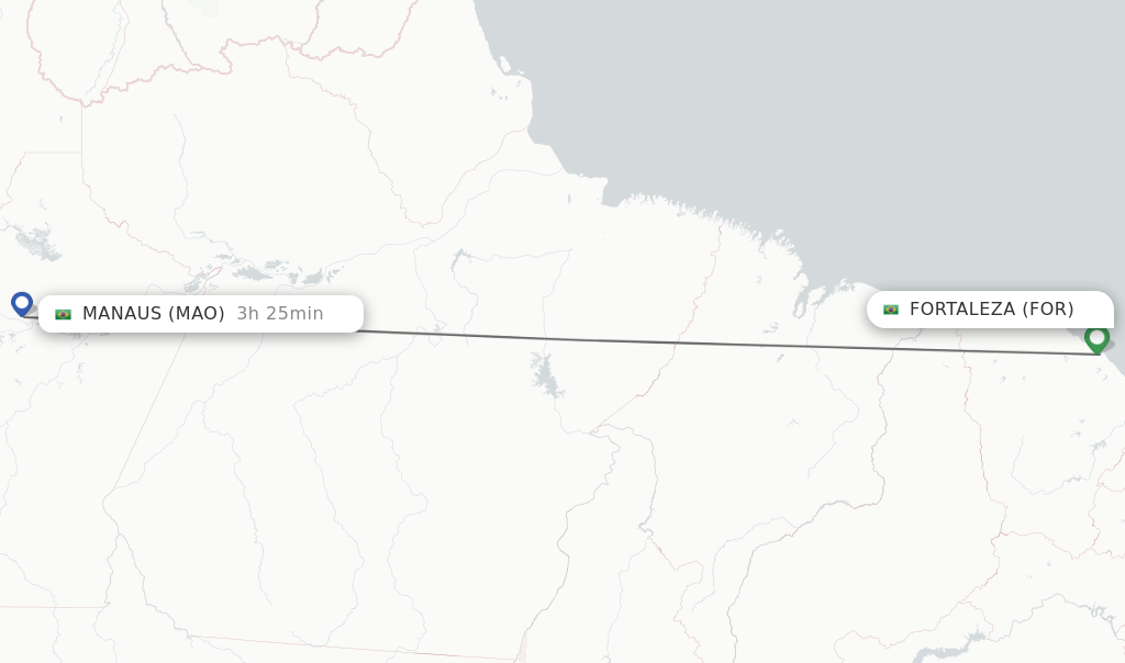 Flights from Fortaleza to Manaus route map