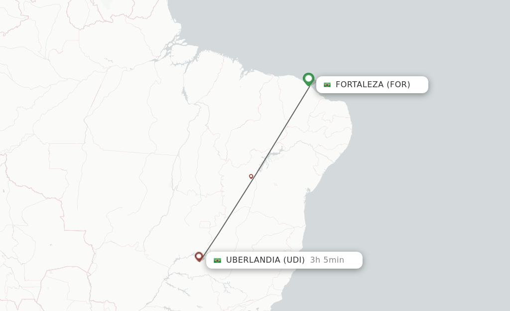 Flights from Fortaleza to Uberlandia route map