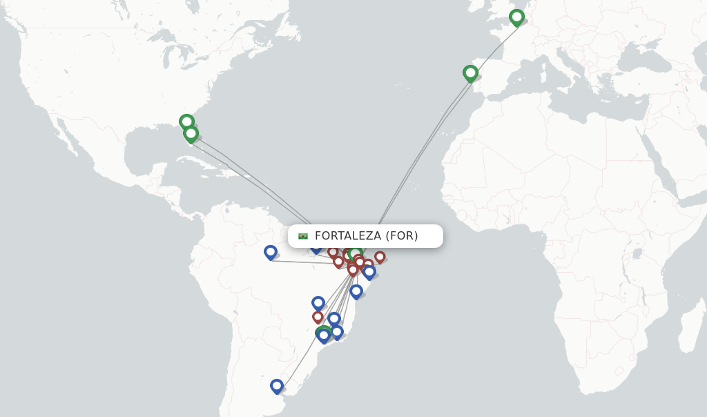 Flights from Fortaleza to Montevideo route map